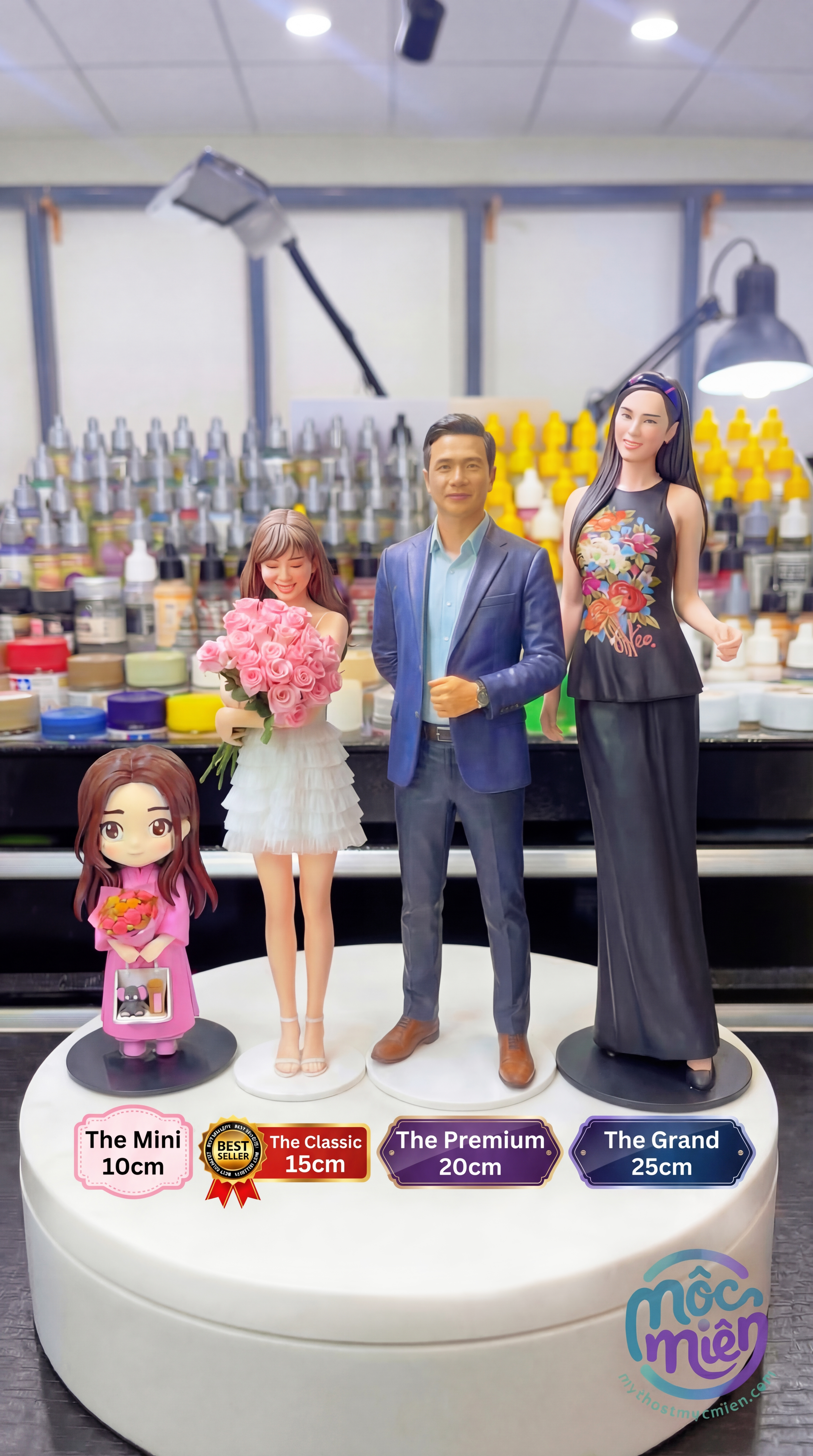 4 kích thước tượng: The Mini 10cm, The Classic 15cm, The Premium 20cm, The Grand 25cm